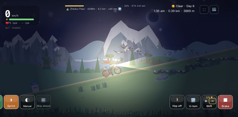 Cycling 318 at night — riding under a real starfield, the headlight lighting the road